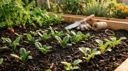 Jeunes pousses d'épinards et radis dans un potager