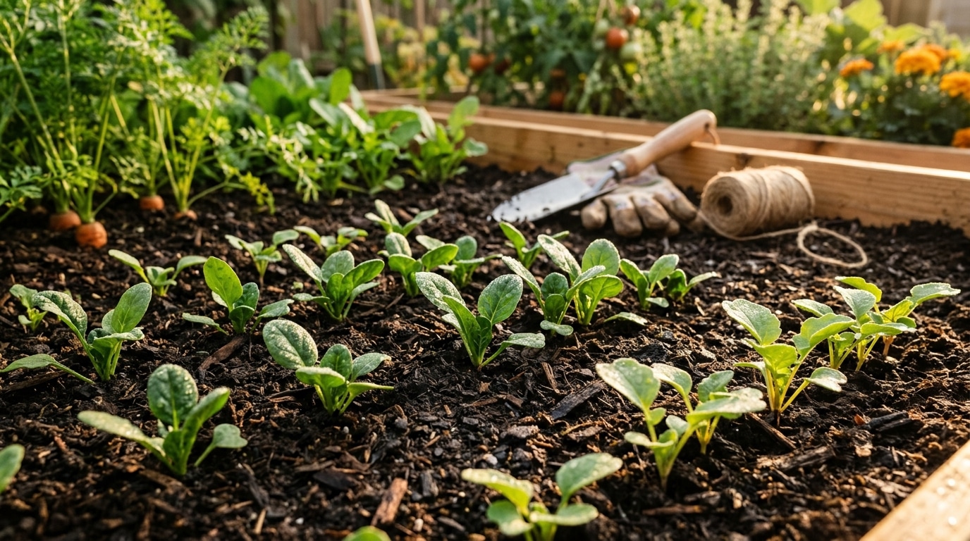 Jeunes pousses d'épinards et radis dans un potager