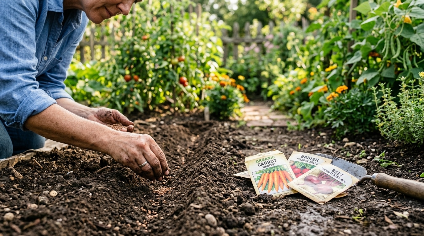 Mains semant des graines dans un sillon de terre