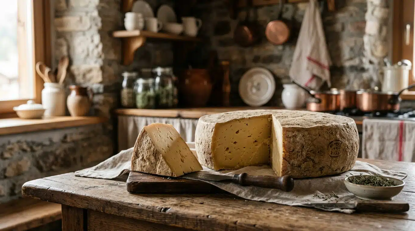 Fromage de montagne au lait cru sur planche en bois
