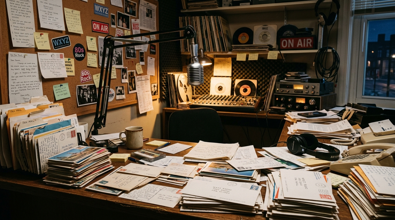 Courrier des auditeurs entassé dans un studio radio vintage