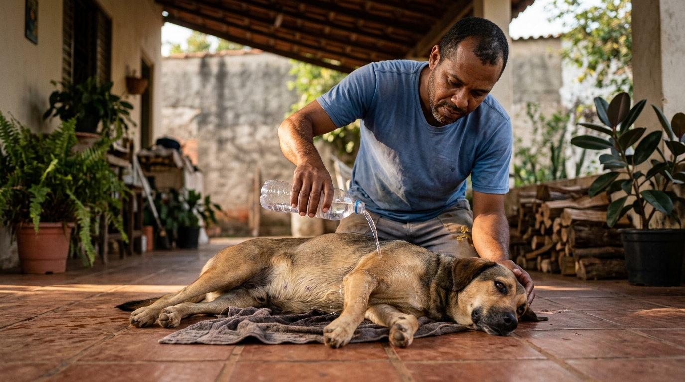 Homme versant de l'eau tiède sur un chien en surchauffe