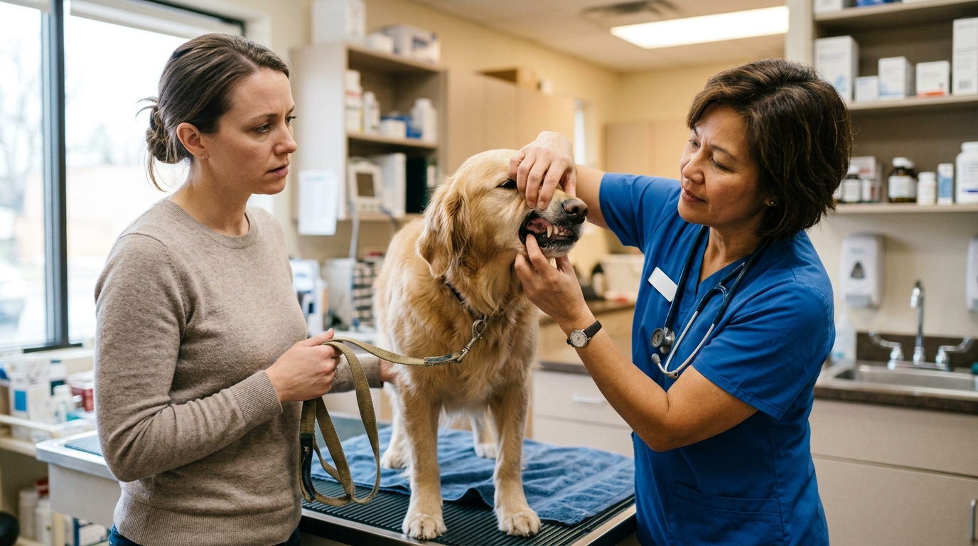 Vétérinaire examinant les gencives d'un chien en clinique