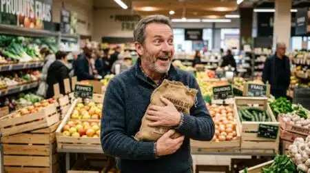 Homme surpris tenant un sac de pommes de terre