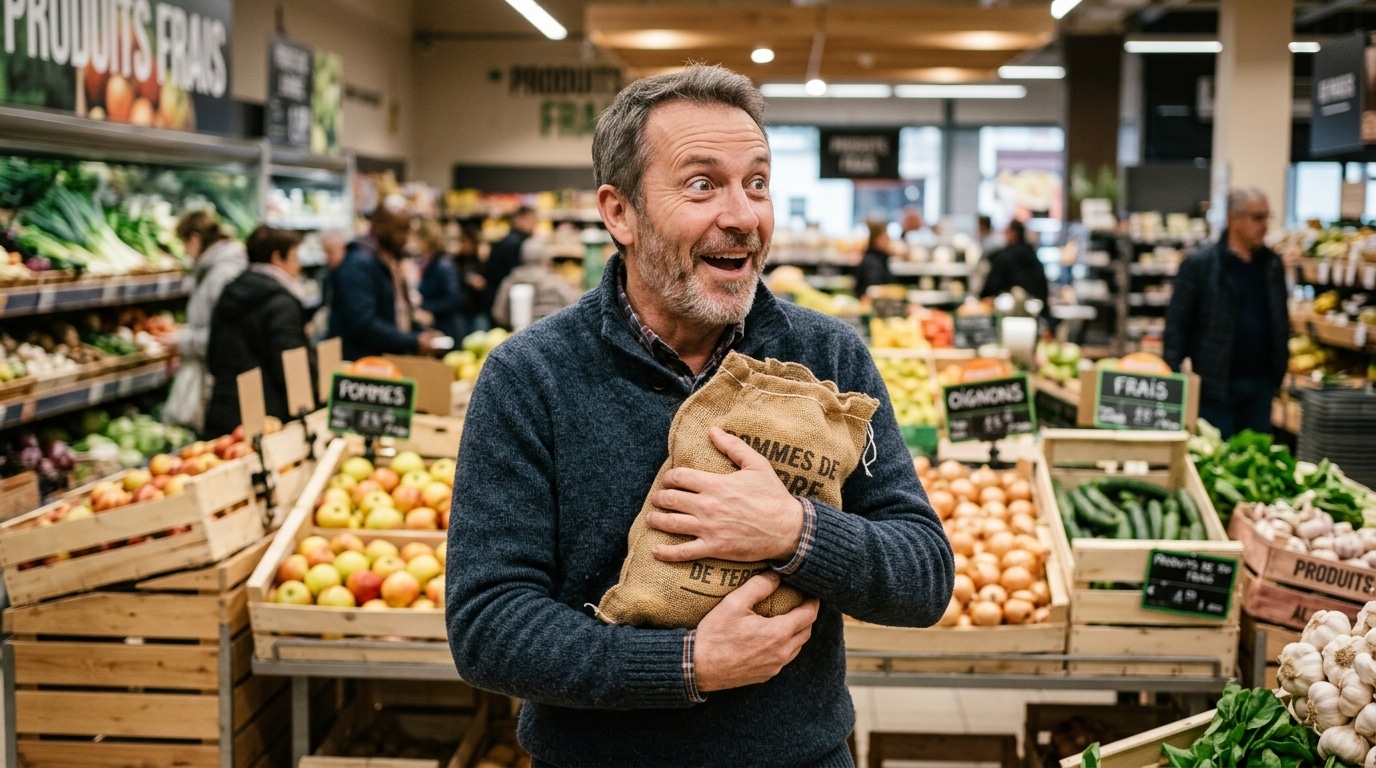 Homme surpris tenant un sac de pommes de terre