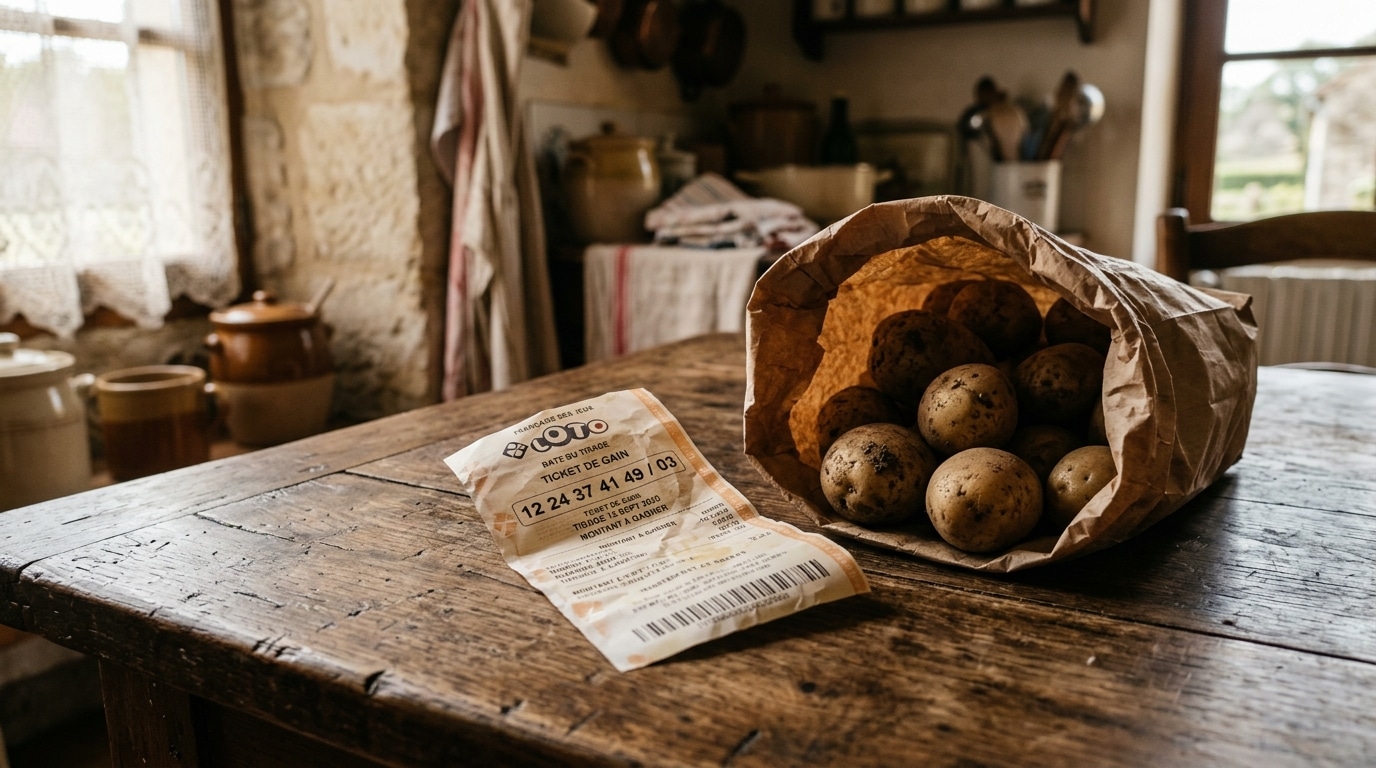 Ticket de loterie posé près d'un sac de pommes de terre