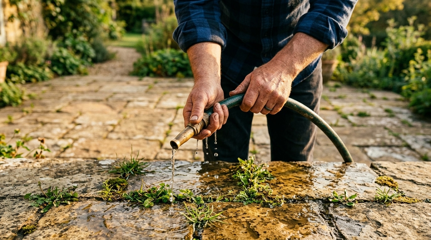 Homme arrosant des tomates avec un tuyau au jardin