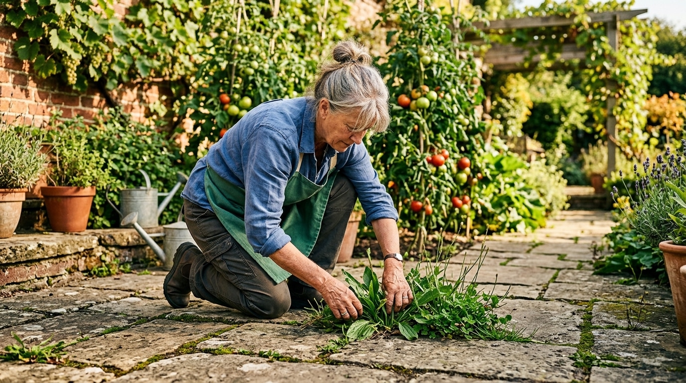Plantes vertes poussant entre les dalles d'une terrasse