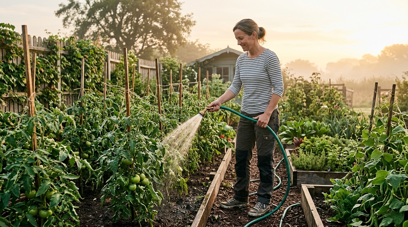 Arrosage matinal d'un potager sous la lumière dorée