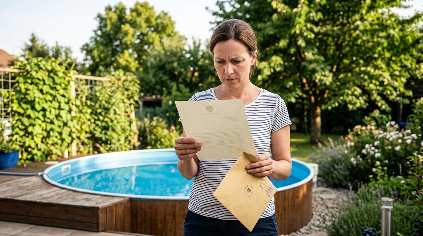 Femme lisant un courrier de la mairie près de sa piscine