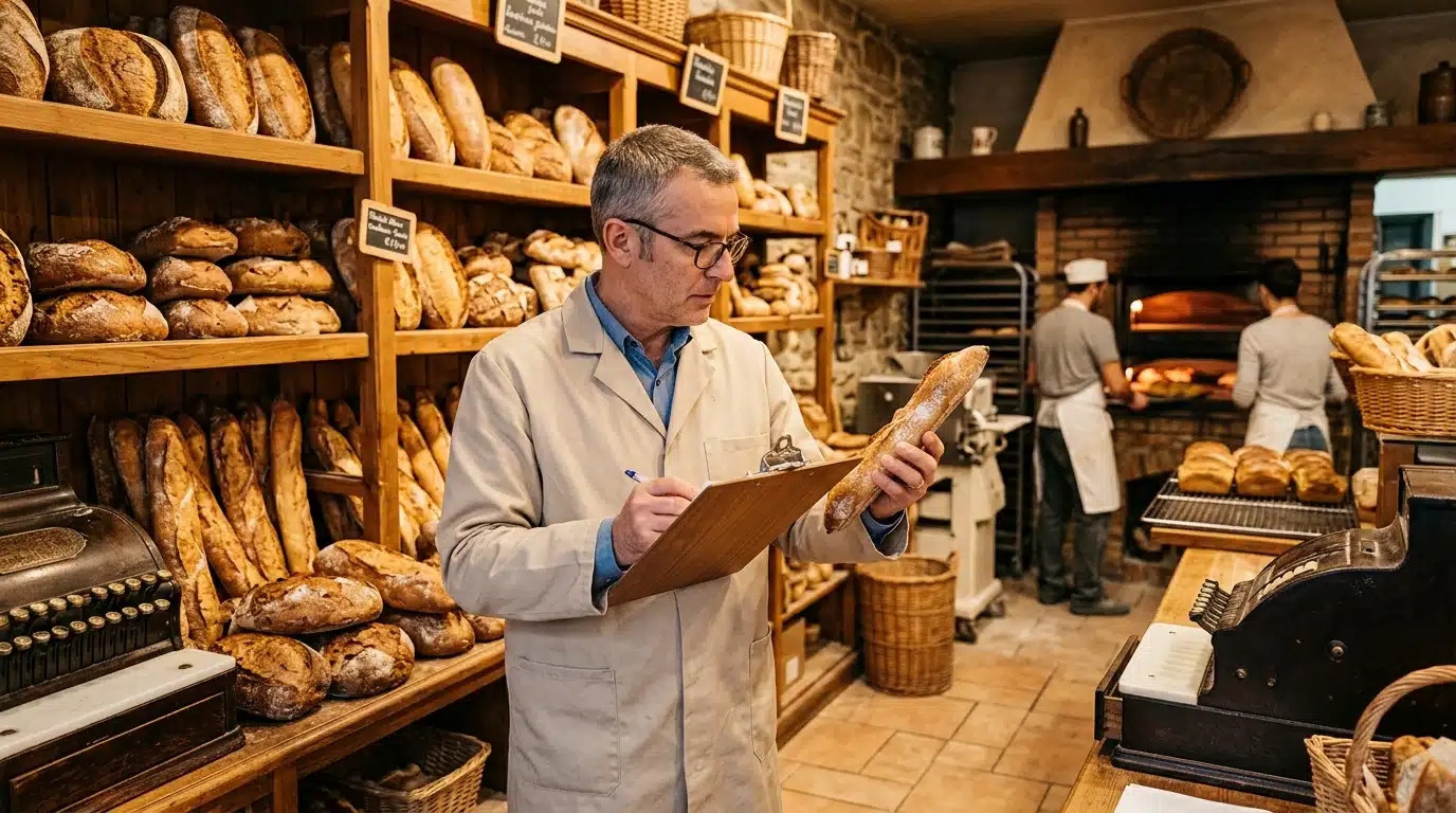 Inspecteur contrôlant le pain dans une boulangerie