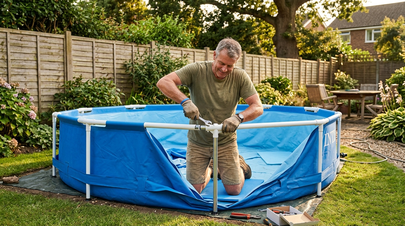 Homme installant une piscine hors-sol tubulaire dans son jardin
