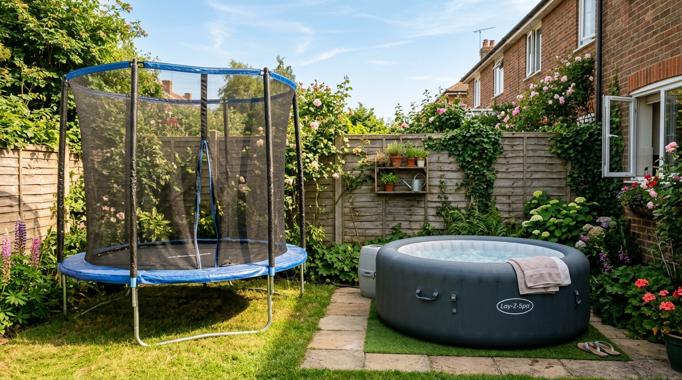 Trampoline et spa gonflable installés côte à côte dans un jardin