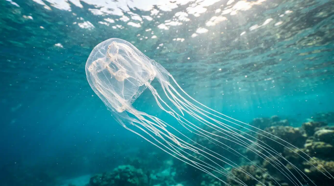 Cuboméduse aux tentacules fins dans une eau turquoise
