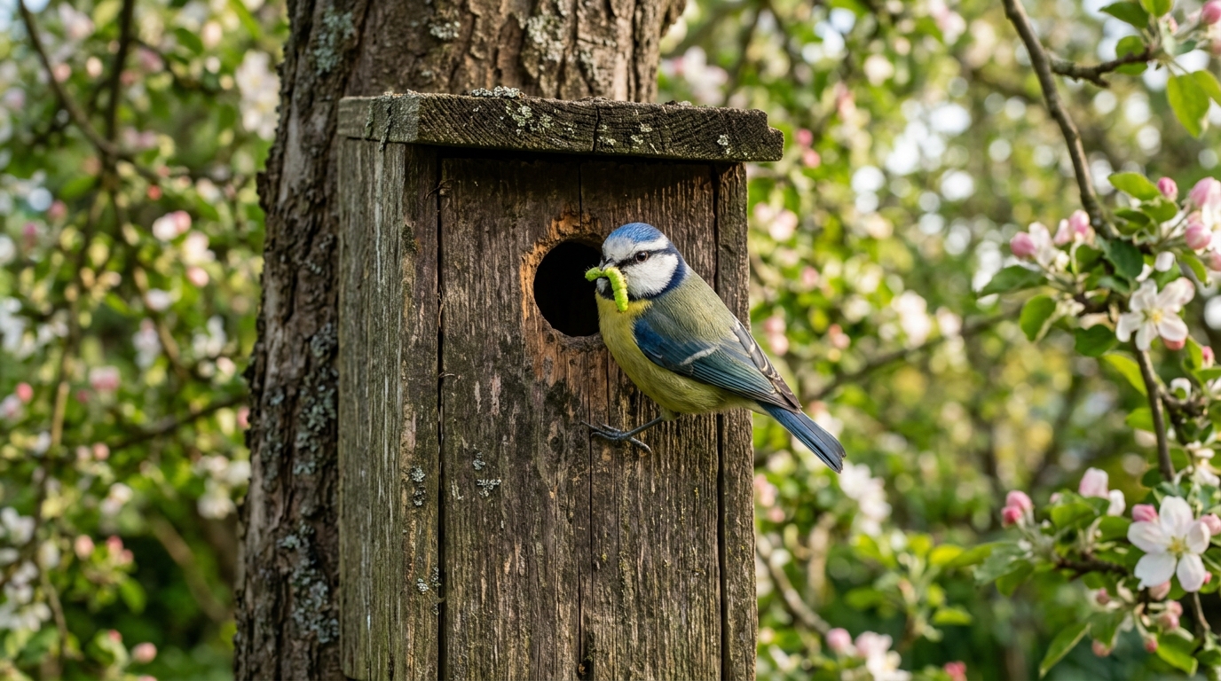 Mésange bleue avec une chenille au nichoir