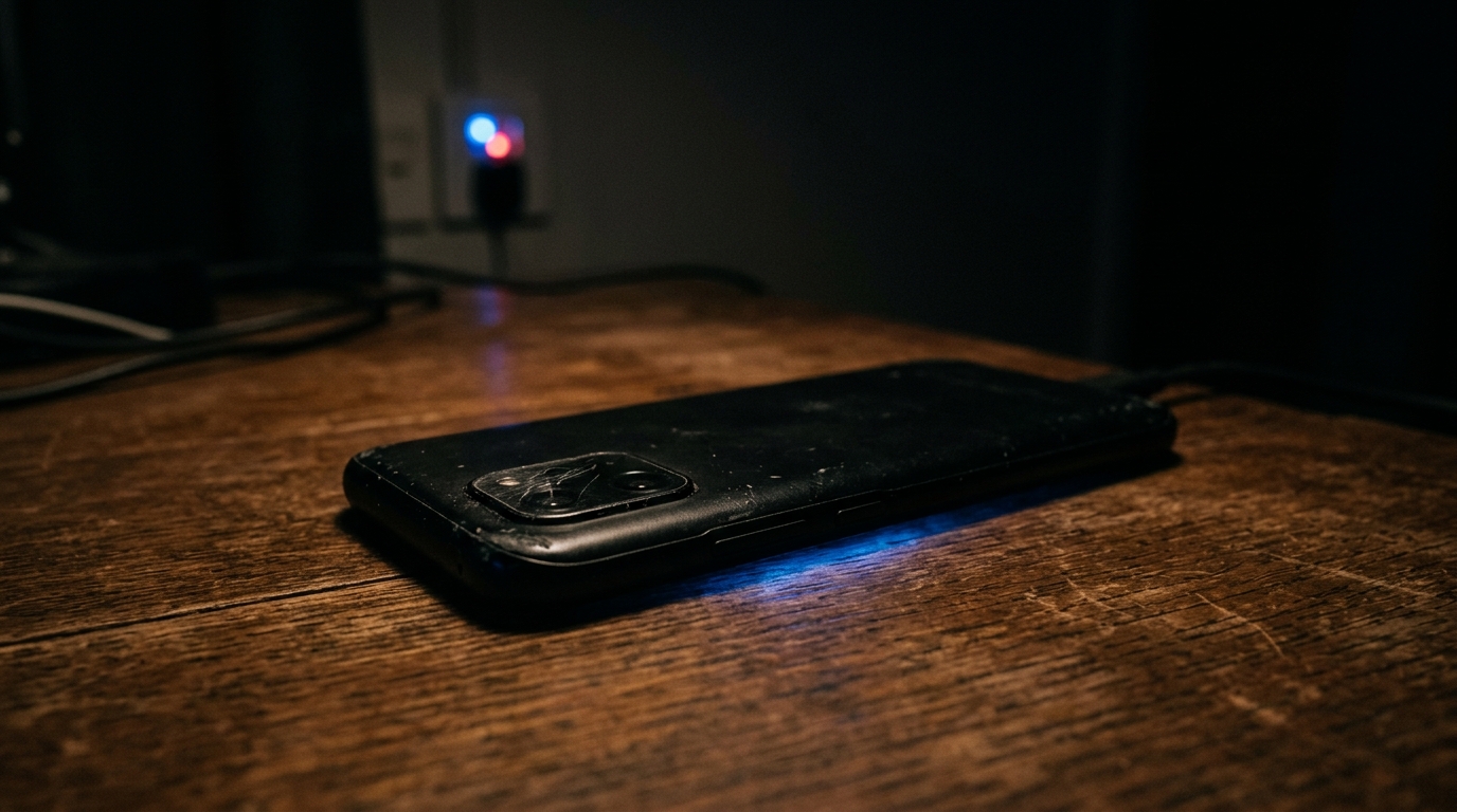 Smartphone posé sur une table, lumière bleutée nocturne