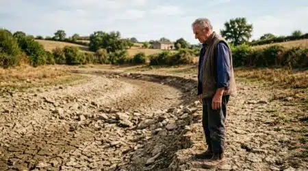 Lit de rivière asséché avec terre craquelée en Normandie