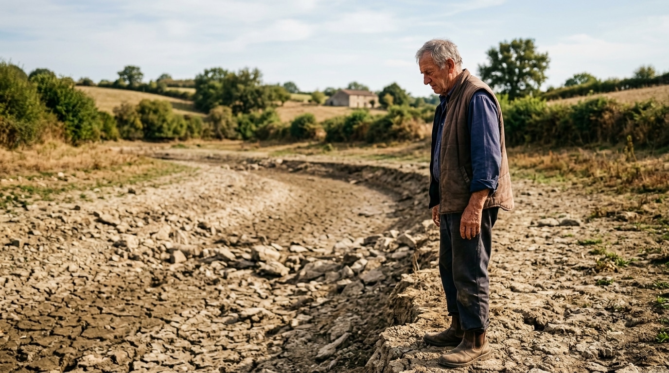 Lit de rivière asséché avec terre craquelée en Normandie
