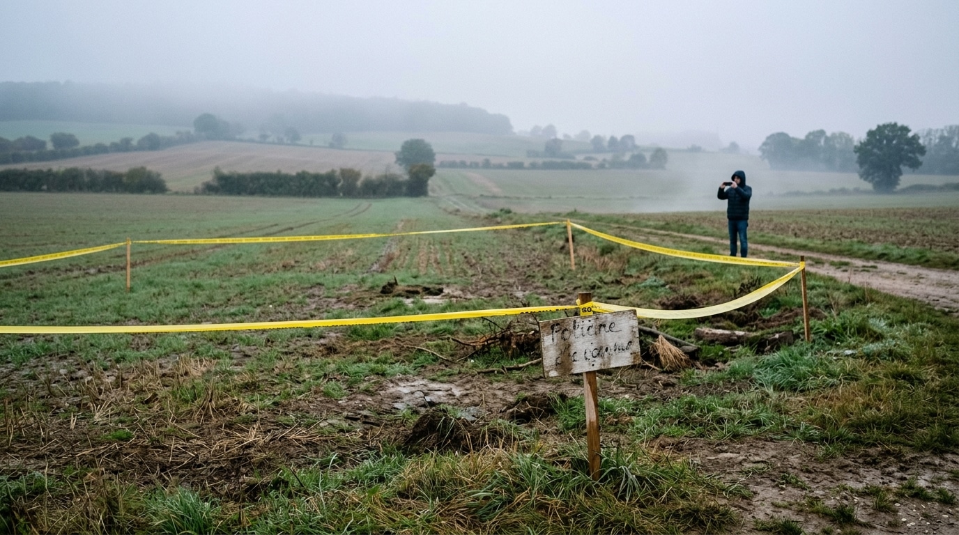 Champ clôturé par une bande de sécurité en zone rurale