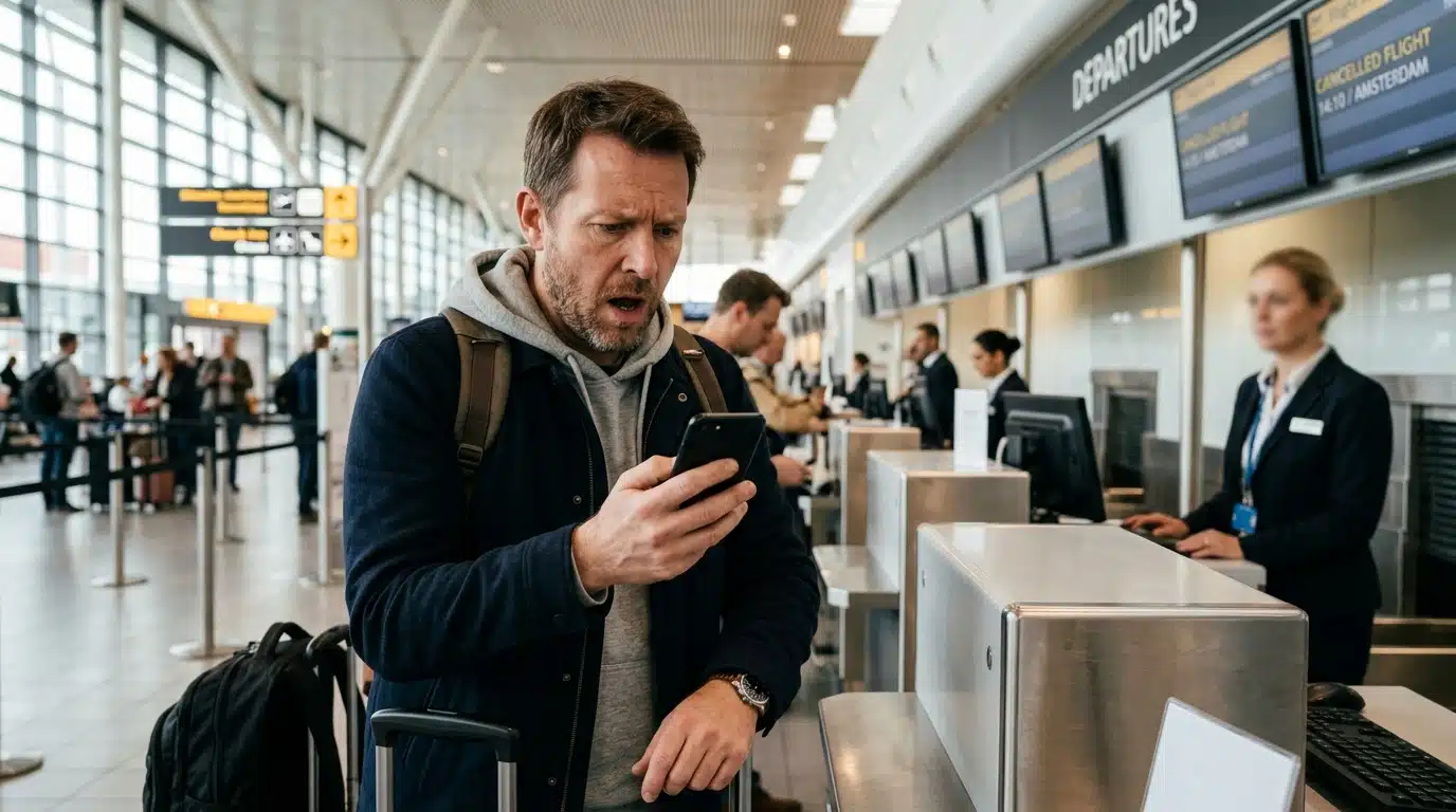 Voyageur stupéfait devant écran de réservation à l'aéroport