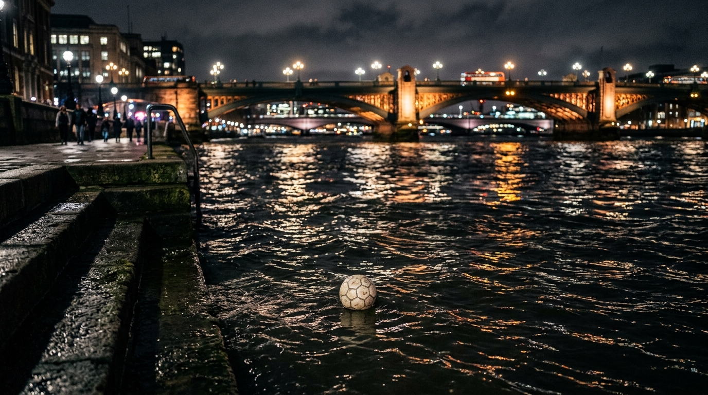 Ballon de foot flottant seul sur le Rhône de nuit