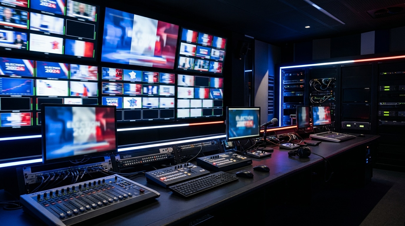 Régie télévision avec écrans flous aux couleurs françaises