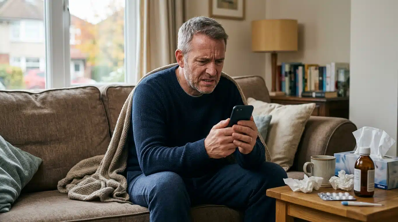 Homme malade tenant son téléphone avec réticence