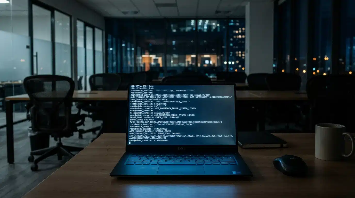 Écran d'ordinateur avec codes d'accès dans bureau vide