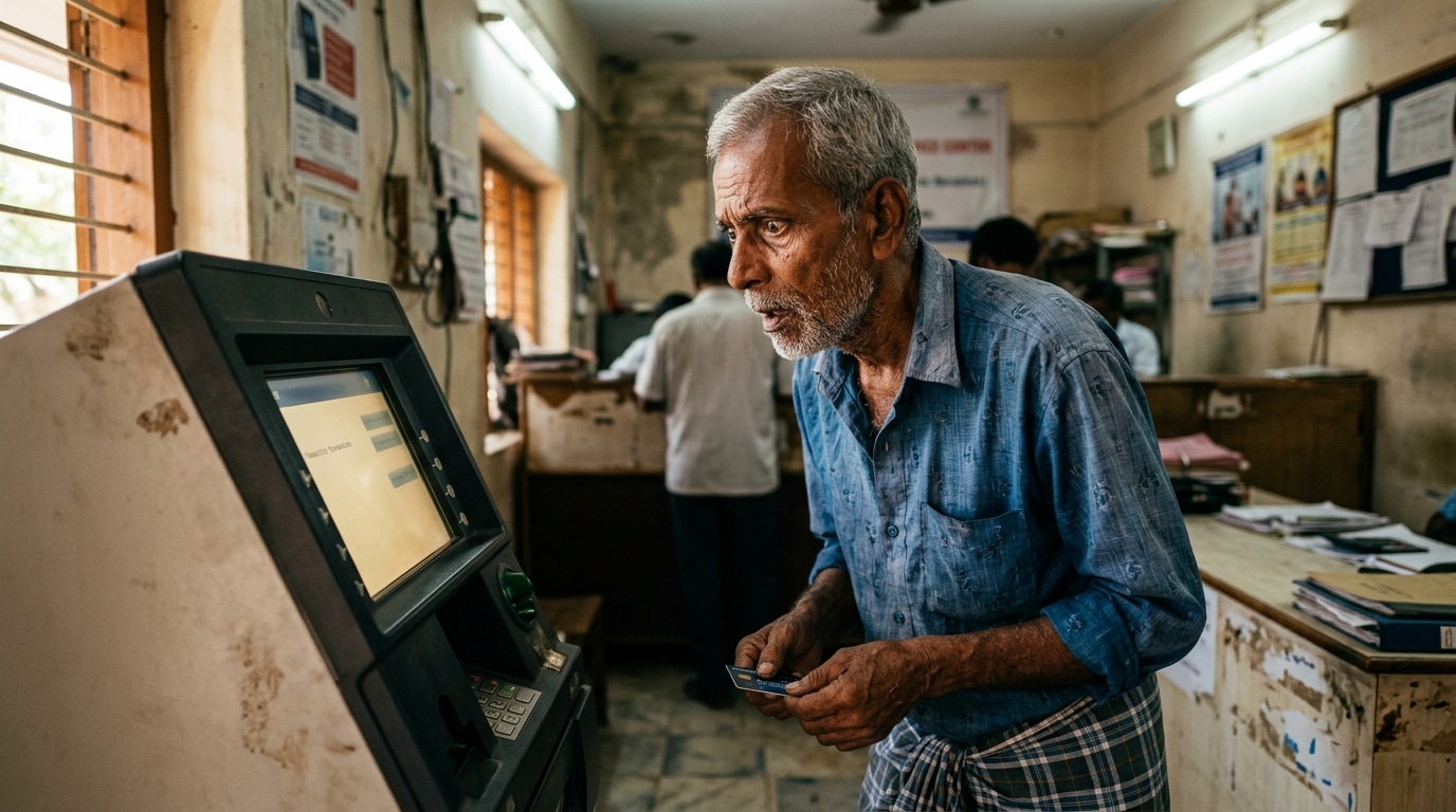 Homme âgé stupéfait devant un distributeur bancaire