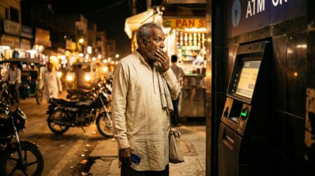 Retraité indien stupéfait devant un distributeur bancaire