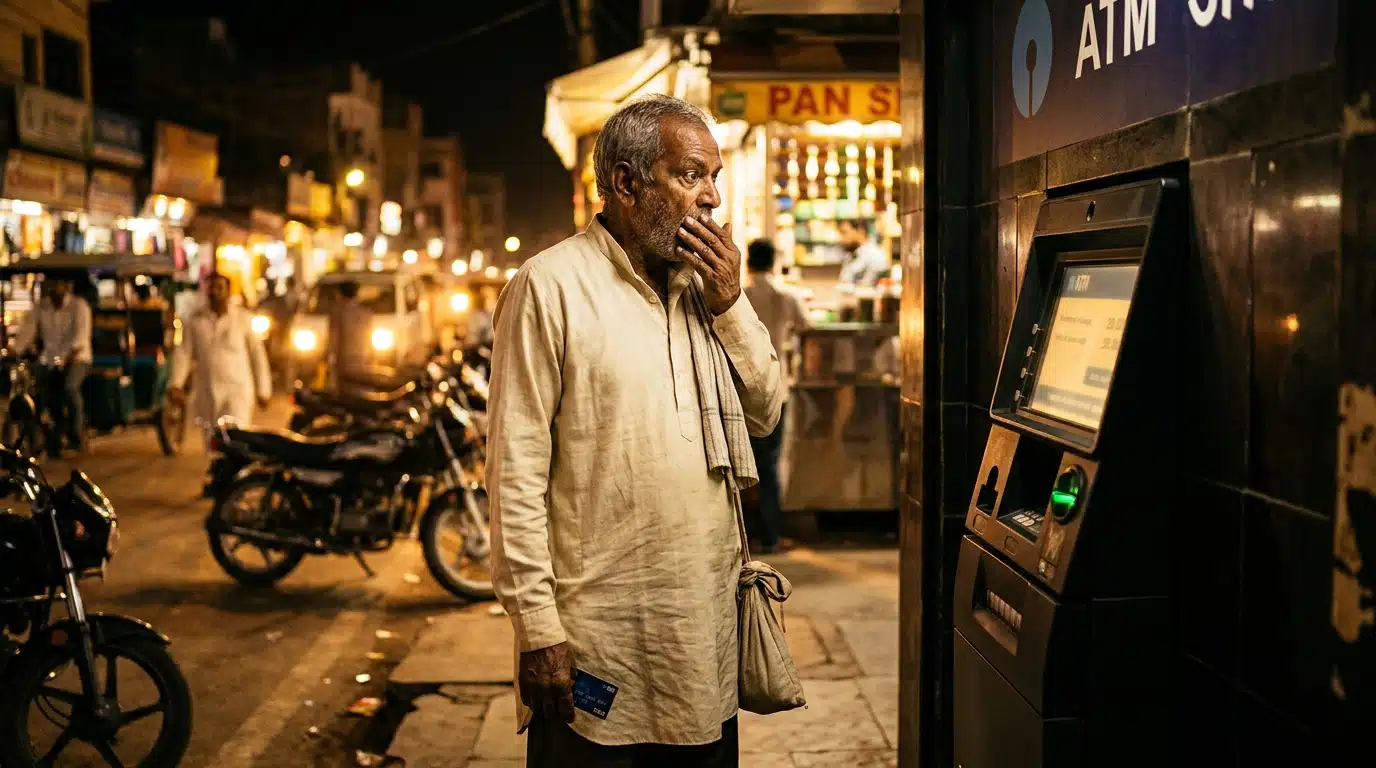 Retraité indien stupéfait devant un distributeur bancaire