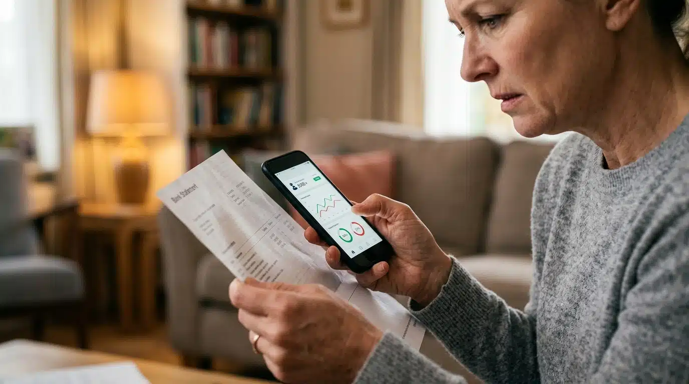 Main tenant un relevé bancaire et un smartphone