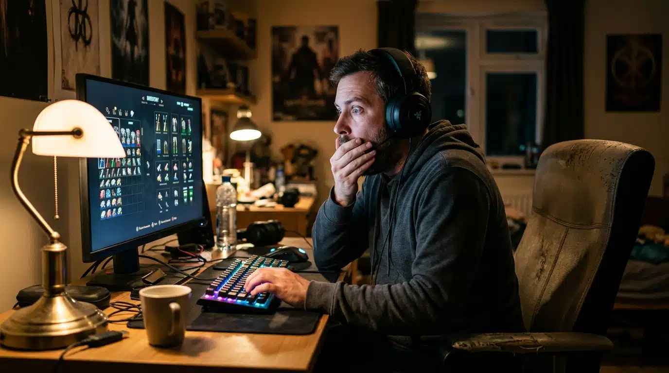 Homme choqué devant son écran découvrant sa fortune Steam