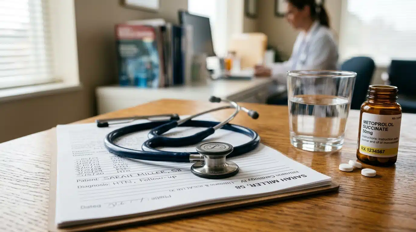 Stéthoscope et médicaments sur un bureau