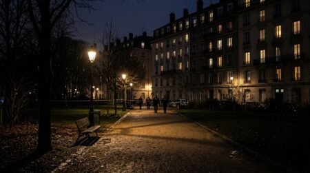 Parc urbain sombre la nuit près d'immeubles résidentiels