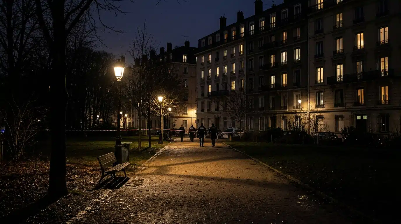 Parc urbain sombre la nuit près d'immeubles résidentiels