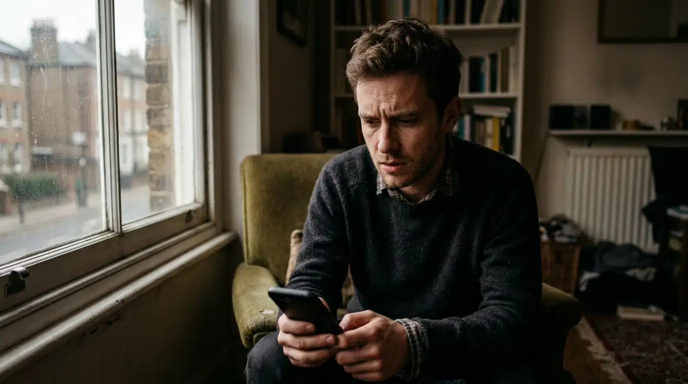 Visage anxieux d'un homme tenant un téléphone dans la pénombre