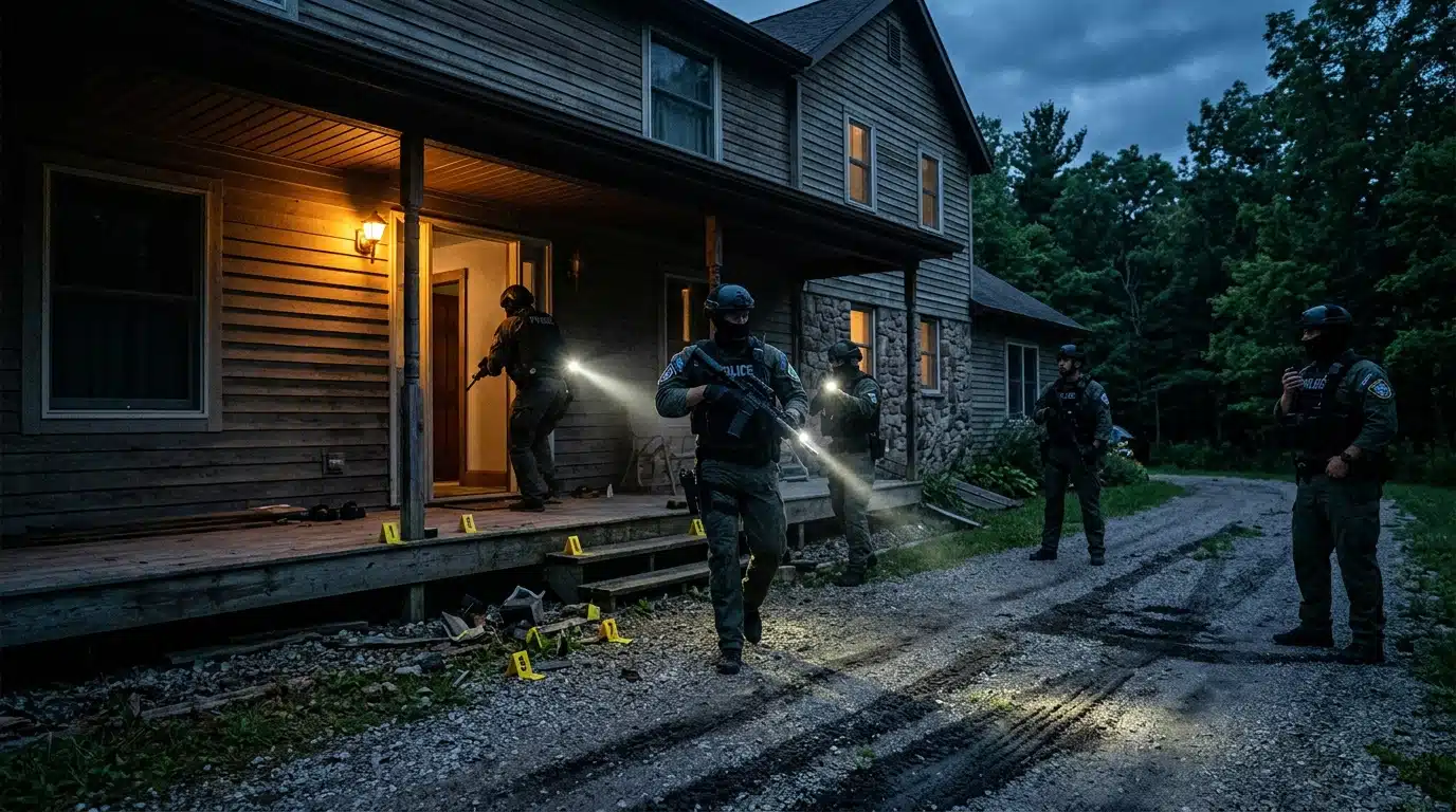 Policiers perquisitionnant une maison rurale du Wisconsin la nuit