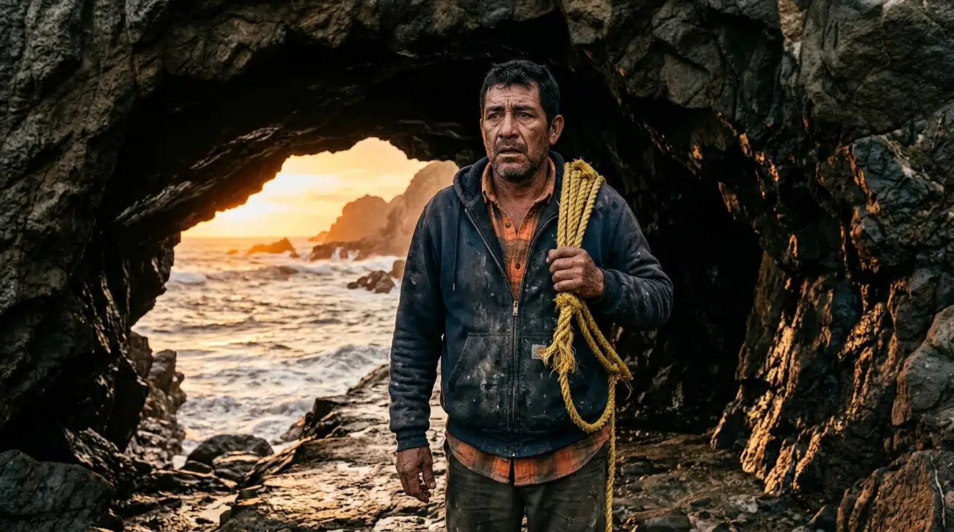 Pêcheur mexicain épuisé à l'entrée d'une grotte