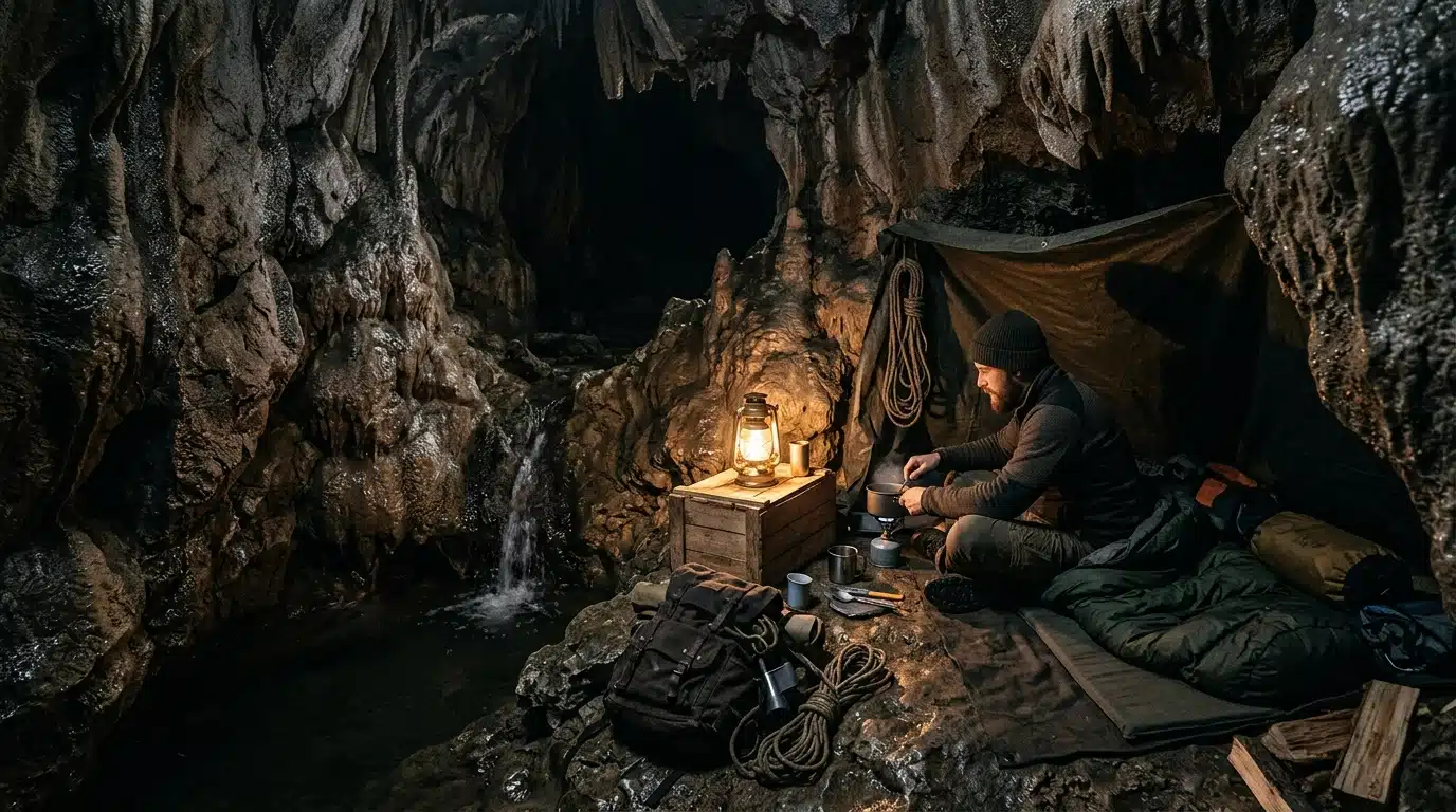 Intérieur sombre d'une grotte souterraine humide