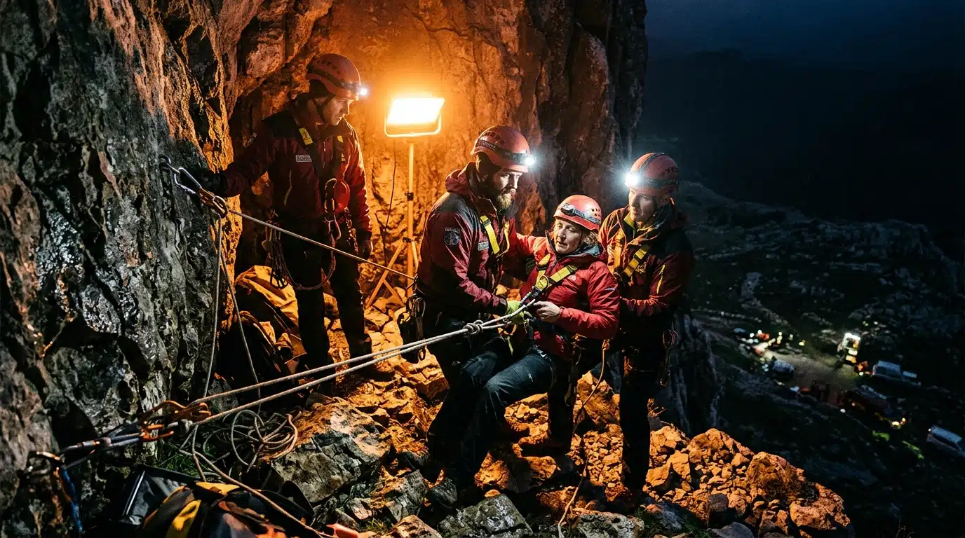 Sauveteurs extrayant un survivant d'une grotte