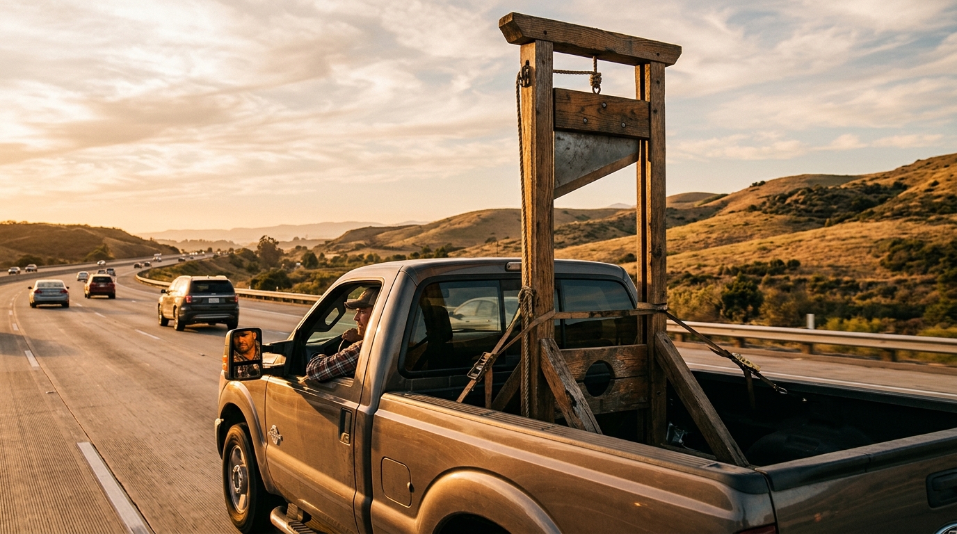 Pick-up transportant une guillotine en bois sur autoroute américaine