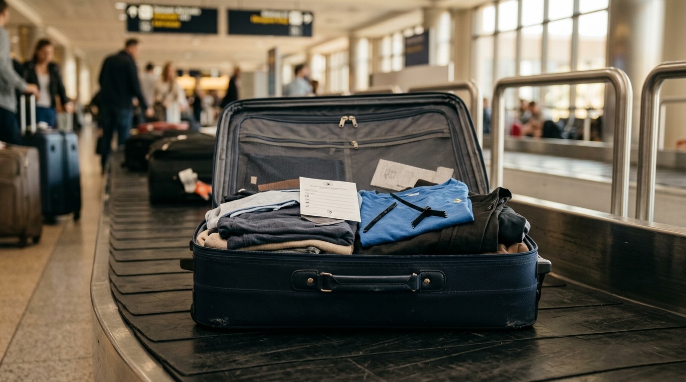 Valise ouverte avec collier plastique et papier d'inspection