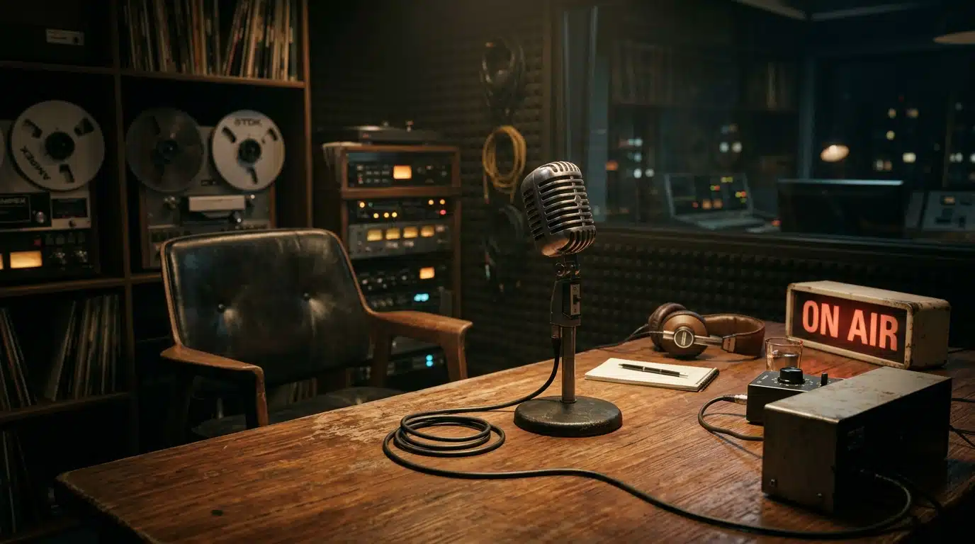 Micro radio ancien posé sur bureau en bois