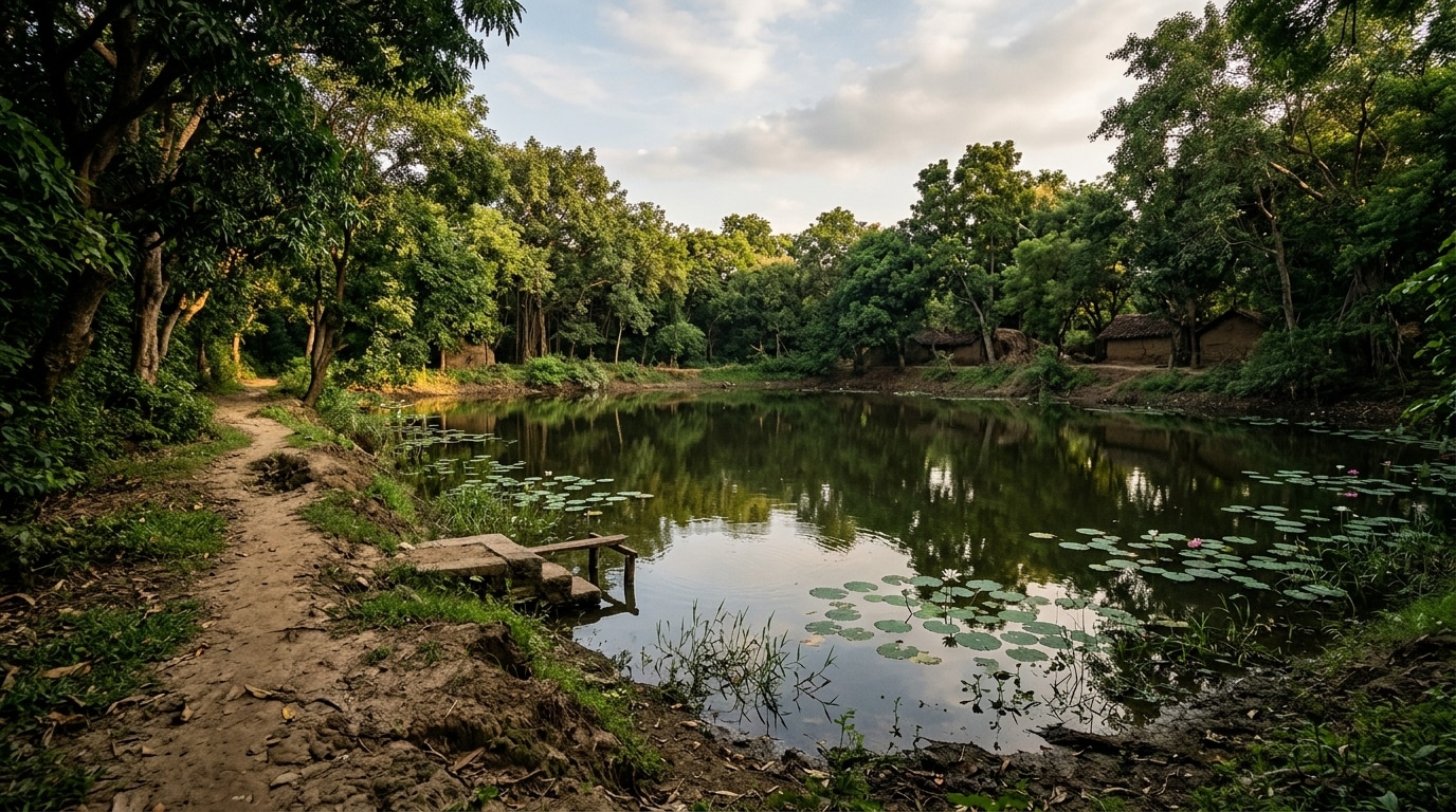 Étang calme entouré de végétation tropicale dense
