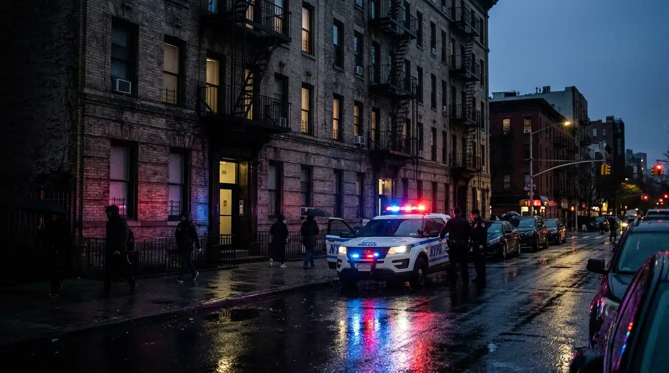 Immeuble new-yorkais avec voiture de police garée devant