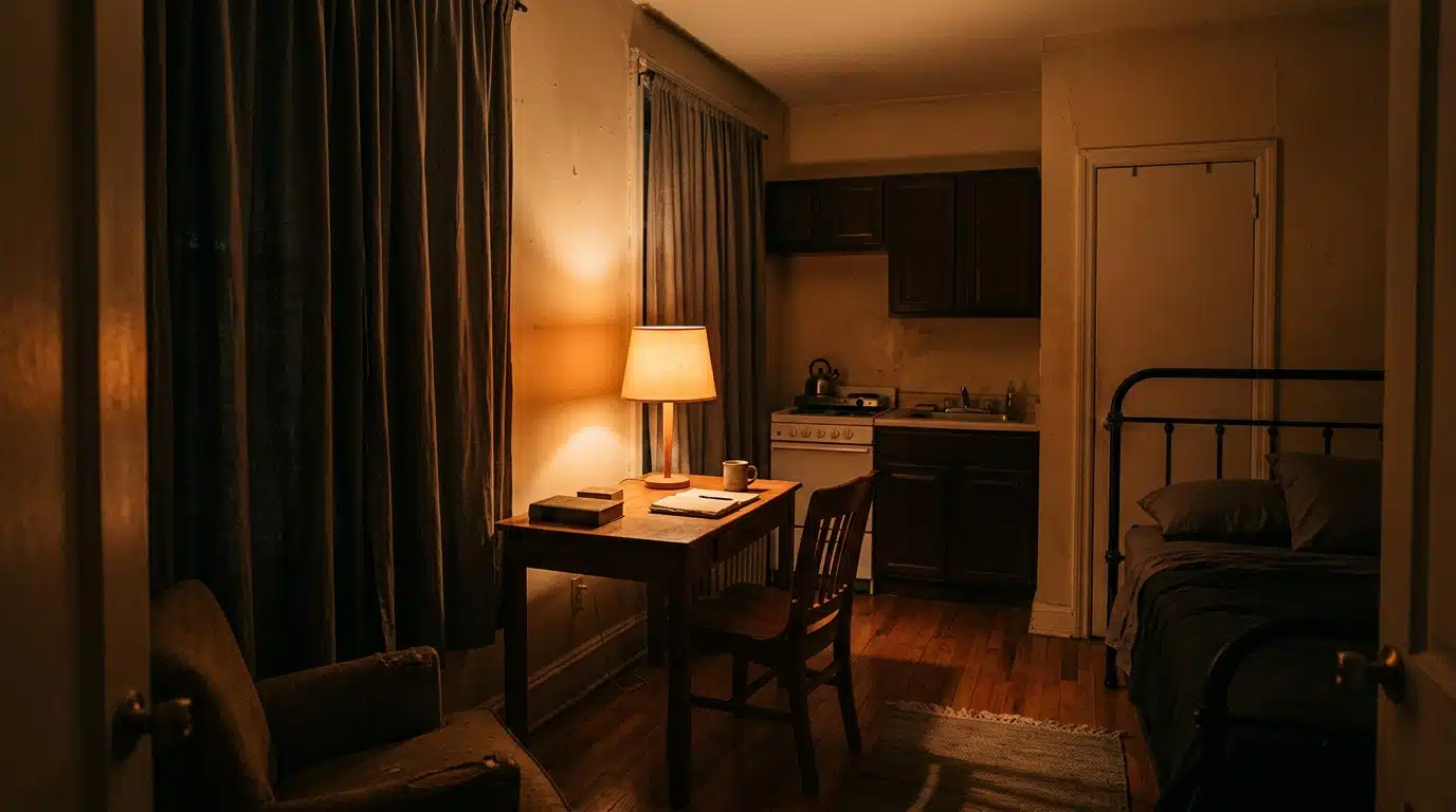 Appartement new-yorkais sombre et silencieux, ambiance pesante