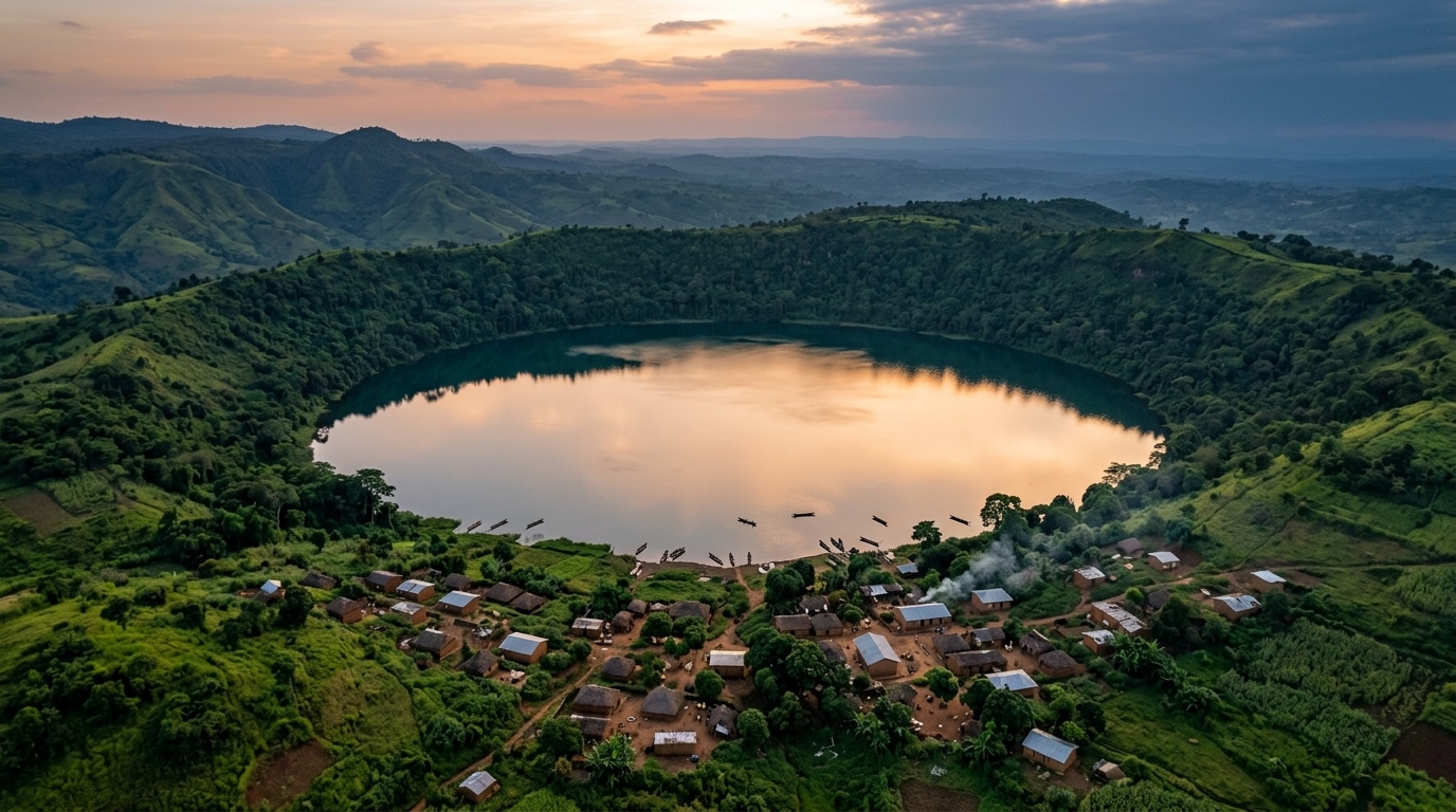 Vue aérienne du lac Nyos au Cameroun au coucher du soleil