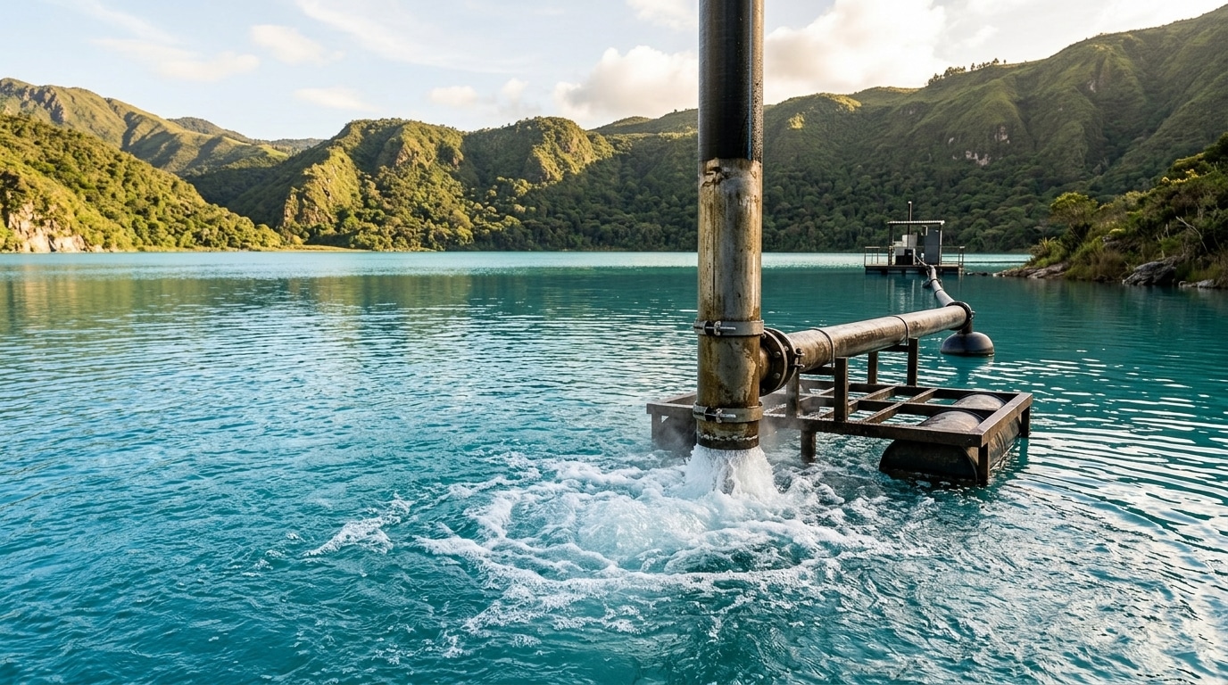 Tuyau de dégazage installé dans les eaux du lac Nyos