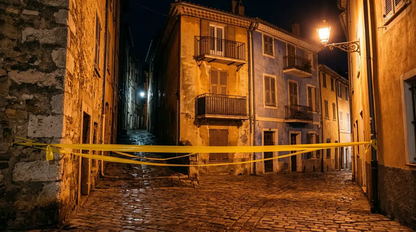 Ruelle avec cordon de police près de la résidence